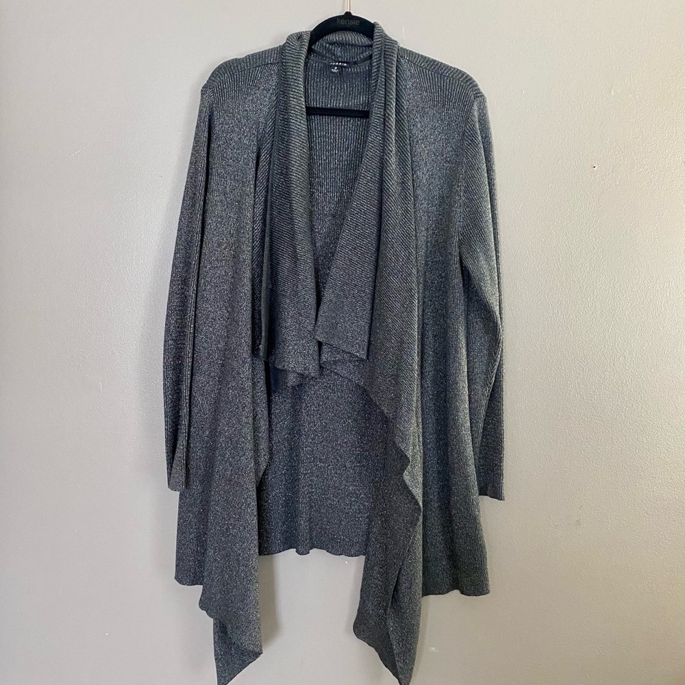 Plus Size Grey and Sparkly Ribbed Shawl Drape Front Cardigan